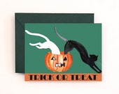 Trick or Treat, Day of the Dead Greeting Card  Halloween Card - Sugar Skull Pumpkin with funny Cats