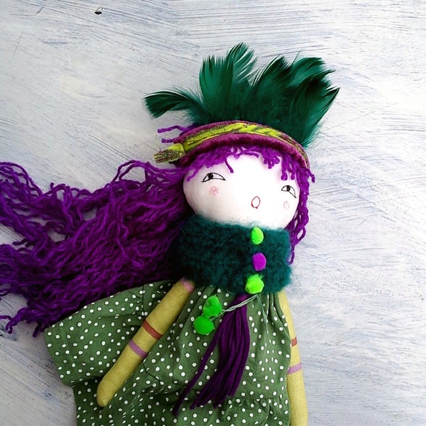 Pocahontas with Green Feather Crown, Prurple Green, Rag Doll, Boho Doll, Cloth Art Doll