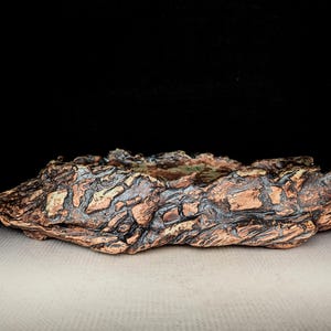May include: A low-profile ceramic bowl with a highly textured, rugged exterior resembling tree bark. The surface features a mix of earthy brown, tan, and dark charcoal tones with deep, irregular crevices and a wide, shallow basin.
