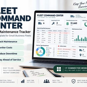 Puede incluir: Una pantalla de portátil que muestra una plantilla de Excel Fleet Command Center para flotas de pequeñas empresas. El panel muestra datos de vehículos, costes de mantenimiento y salud de la flota. Incluye texto: Track Maintenance, Monitor Costs.
