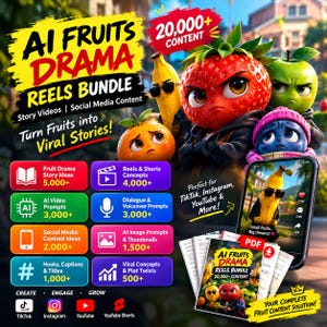 Peut inclure: Un ensemble de marketing numérique intitulé AI FRUITS DRAMA REELS BUNDLE avec des personnages de fruits animés, notamment une fraise, une banane, une pomme et une orange. Le graphique affiche des listes de catégories et un smartphone.