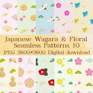 Japanska traditionella Wagara- och blommiga digitala papper 10 minimalistiska bakgrunder, digital scrapbooking, JPEG 3600x3600