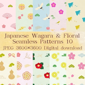 May include: A digital collection of ten seamless patterns featuring Japanese motifs including cranes, cherry blossoms, fans, pine trees, and geometric shapes in various colors with the text Japanese Wagara & Floral Seamless Patterns 10 JPEG 3600x3600 Digital download.