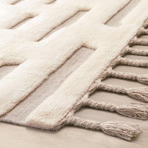 May include: A cream-colored area rug featuring a raised, plush geometric pattern against a flat-woven beige background. The rug is finished with thick, twisted fringe tassels along the edge, creating a textured and layered appearance.