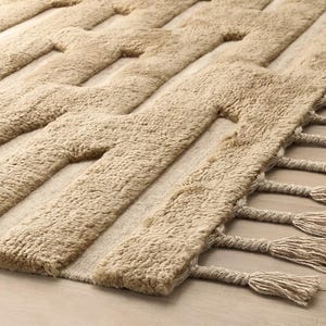 May include: A beige area rug featuring a high-pile, tufted geometric pattern with alternating rectangular cutouts and raised sections. The rug is finished with a series of twisted fringe tassels along the edge, creating a textured surface.