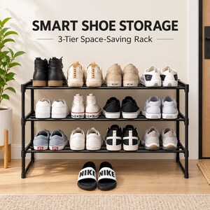 May include: A black metal 3-tier shoe rack holding various sneakers, boots, and sandals. The text SMART SHOE STORAGE 3-Tier Space-Saving Rack is displayed above the rack. The unit features a simple frame design for organizing footwear.