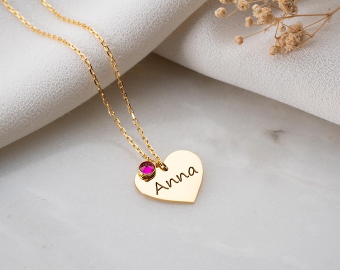 Personalized Name Necklace With Heart and Birthstone, Custom Birthstone Jewelry