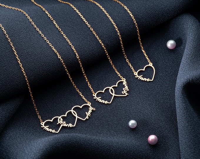 Personalized Heart Name Necklace With Multiple Names, Custom Family Jewelry, Interconnected Hearts