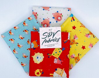 BTY Little Red Barn Farm Animal Toss on Red Fabric 100/% Cotton