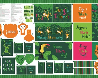 Jungle Paradise Book Panel | Stacy Iest Hsu for Moda Fabrics 20780-11 | 100% Cotton Fabric | Tropical | Frog, Bird, Monkey, Tiger