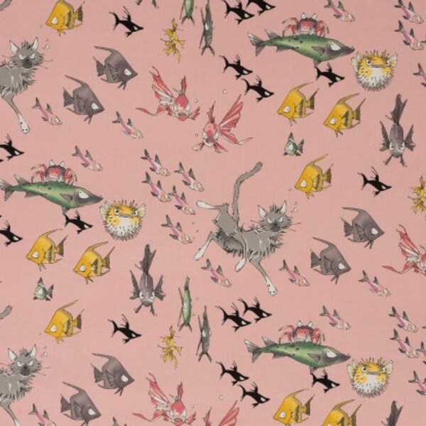 A Ghastlie Dive in Blush Pink | Alexander Henry Fabrics 8846DR | 100% Cotton Quilting Fabric | Novelty Aquatic | Fish, Cats, Crabs