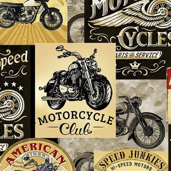 Packed Vintage Motorcycle Signs | Enjoy the Ride by Timeless Treasures FUN-C8049 | Cotton Quilting Fabric | Novelty | Fat Quarters | Yardage