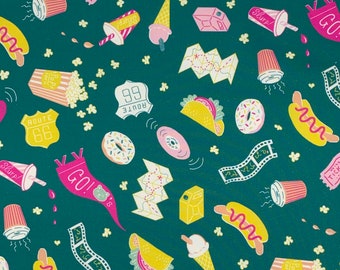Tossed Icon Snacks Green | American Road Trip by Jacqueline Colley | FIGO Fabrics 90167-76 | Cotton Fabric | Yardage