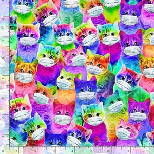 Bright Cartoon Cats With Masks | Mask Up for Timeless Treasures CAT C8710| 100% Cotton Quilting Fabric | Novelty | Fat Quarters | Yardage