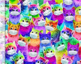 Bright Cartoon Cats With Masks | Mask Up for Timeless Treasures CAT C8710| 100% Cotton Quilting Fabric | Novelty | Fat Quarters | Yardage