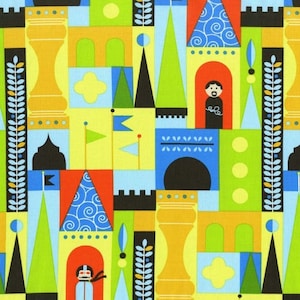 May include: A colourful geometric pattern featuring a stylised castle with blue, green, yellow, red and black shapes. The castle has a whimsical design with flags, arches and towers.