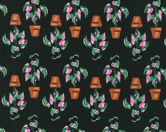 House Plants on Black | Wishwell Patio by Vanessa Lillrose & Linda Fitch | Robert Kaufman WEL-20437-2 | 100% Cotton | Fat Quarters | Yardage