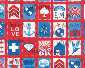 Postage in Love | Airmail da The Comstocks | Moda Fabrics 37100-13 | Estampa de Postagem | Tecido 100% Algodão | Vermelho, Azul, Branco | Metragem