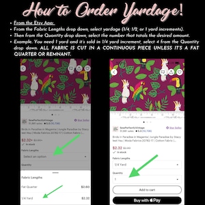 May include: A screenshot of an Etsy shop listing for a fabric with a parrot and cockatoo print. The fabric is called "Birds in Paradise in Magenta" and is sold by the shop "SewPerfectlyVintage". The listing shows the price of $2.32 per 1/4 yard and $2.60 per fat quarter.