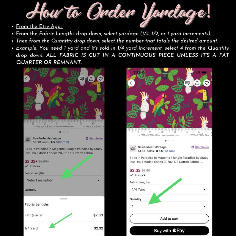 May include: A screenshot of an Etsy shop listing for a fabric with a parrot and cockatoo print. The fabric is called "Birds in Paradise in Magenta" and is sold by the shop "SewPerfectlyVintage". The listing shows the price of $2.32 per 1/4 yard and $2.60 per fat quarter.