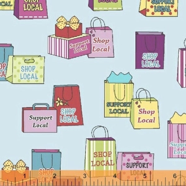Shopping Bags on Blue | Shop Local by Another Point of View | Windham Fabrics 37480-4 | Cotton Fabric | Novelty | Fat Quarters | Yardage
