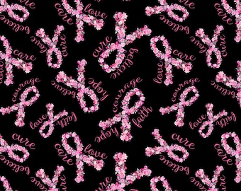 Pink Ribbon Floral on Black | Pink Ribbon by Gail Cadden | Timeless Treasures CD2383-BLACK | Cotton Quilting Fabric | Fat Quarters | Yardage