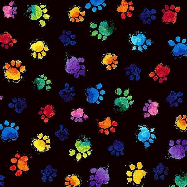 Colored Cat Paws on Black | Meow-Za by Timeless Treasures CAT-C7487 | 100% Cotton Fabric | Cat Obsessed | Novelty | Fat Quarters | Yardage