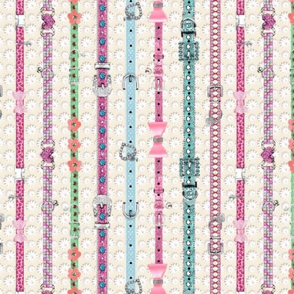 Cat Collars in Beige  | Kitty Glitter Collection for Studio E Fabrics 4342-42 | 100% Cotton Quilting Fabric | Novelty | Cat Obsessed