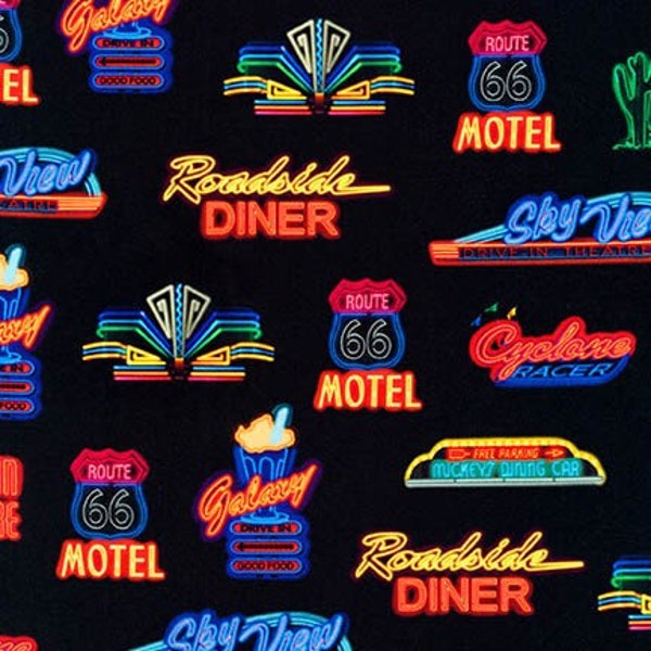 Retro Neon Signs on Black | On the Road by World Art Group | Robert Kaufman AWUD-18481-256 | 100% Cotton Fabric | Fat Quarters | Yardage