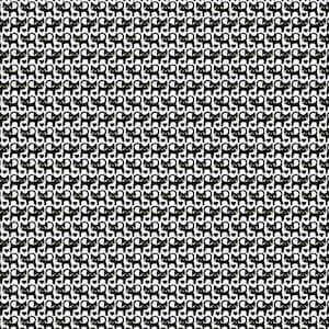 May include: A seamless pattern of black cats with yellow eyes on a white background. The cats are facing forward with their tails curled up behind them.