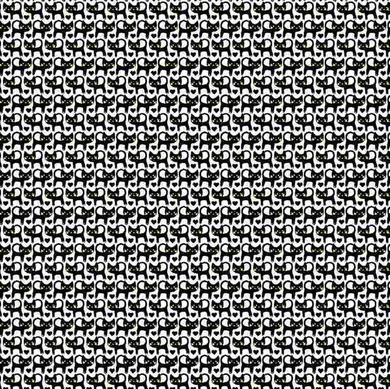 May include: A seamless pattern of black cats with yellow eyes on a white background. The cats are facing forward with their tails curled up behind them.