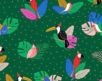 Tropical Birds in Green | Tropical Jammin by Black Lamb | FIGO Fabrics 90026-78 | Cotton Fabric | Toucan, Parrot | Fat Quarters | Yardage