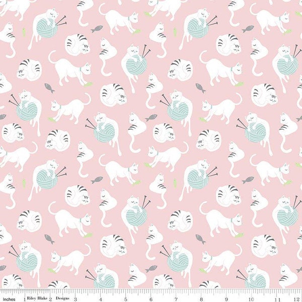 Cats with Yarn in Pink | Purrfect Day by My Minds Eye | Riley Blake Designs C9901 | Cotton Fabric | Cat Obsessed | Fat Quarters | Yardage