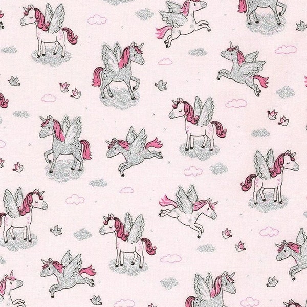 Unicorns on Blush Pink and Silver Metallic | Timeless Treasures KIDZ-CM6586 | Cotton Quilting Fabric | Juvenile | Fat Quarters | Yardage