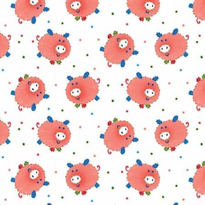 Puede incluir: Patrón repetitivo de cerdos de dibujos animados rosas, con orejas y patas azules, y pequeños detalles florales. Los cerdos están colocados sobre un fondo blanco con lunares coloridos, creando un diseño alegre.