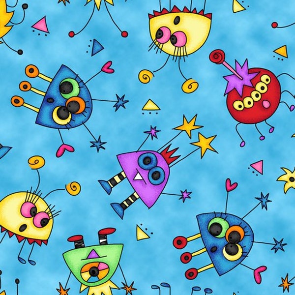 LAST of the Bolt! | Mini Monster Toss in Blue | Monster Mash by Kari Pearson | Quilting Treasures 23334-B | Quilting Fabric | Monster Fabric