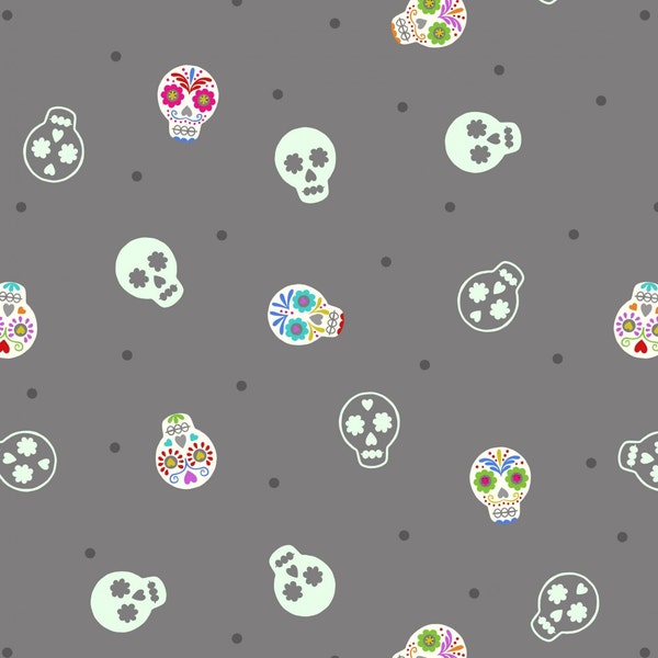 Glow in the Dark Sugar Skulls on Gray | Small Things Glow Collection | Lewis & Irene SM40.3 | 100% Cotton Fabric | Fat Quarters | Yardage