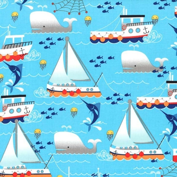 ON SALE | Swim Free in Aqua | Michael Miller Fabrics CX5868-AQUA-D | Sail Boats, Whales, Jellyfish Print | Cotton Quilting Fabric | Nautical