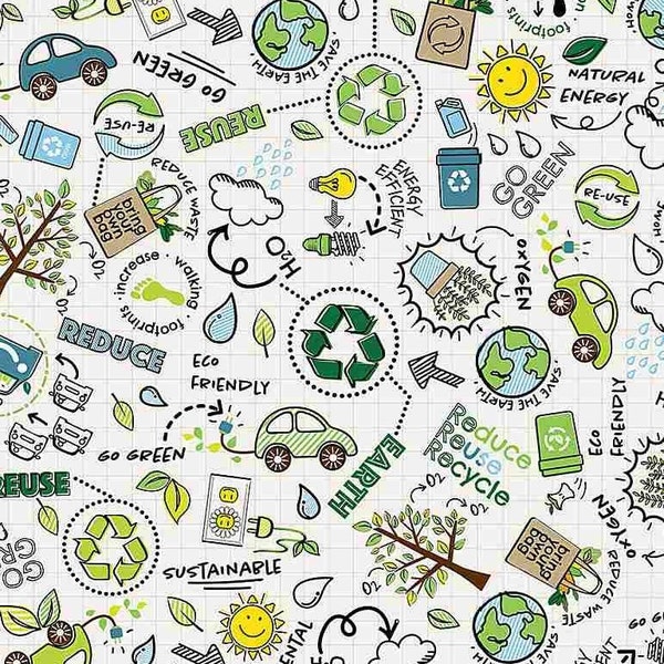 Reduce Reuse Recycle in White | Timeless Treasures C8418 | 100% Cotton Quilting Fabric | Novelty | Earth Day | Fat Quarters | Yardage