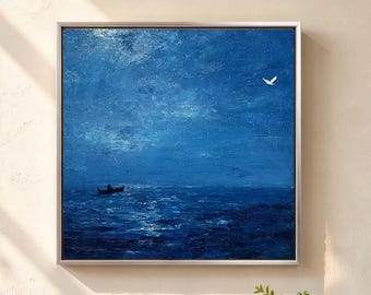 Olieverfschilderij van de blauwe oceaan, origineel handgeschilderd oceaankunstwerk, schilderij van een zeilboot op zee, canvas muurdecoratie, wanddecoratie met oceaanthema en cadeau