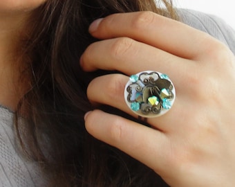 Teal Crystal Ring Mother of Pearl Ring