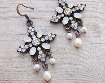 Rhinestone Pearl Earrings Snowflake crystal Earrings White Bridal Jewelry
