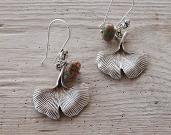 Ginkgo Leaf Earrings, Botanical Jewelry, Metal and Unakite Gemstone