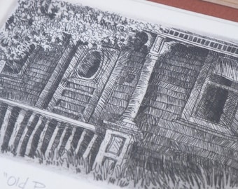 Vintage Pen Drawing: Signed A. Freeman, Old American Porch, Framed
