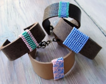 Beaded Leather Bracelet - Bohemian Bracelet- Pick your Color