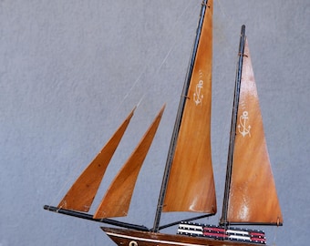 Wooden Sailboat, Nautical Decor, Vintage Wooden Boat Sculpture, Sea Art, Captain Gift 1970s