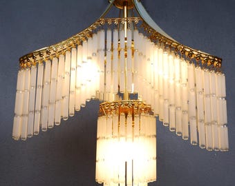 Retro Glass Fringe Chandelier: Art Deco Style White & Gold Pendant Light