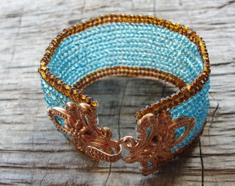 Beaded Herringbone Bracelet - Bohemian Copper Bracelet, Copper and Turquoise