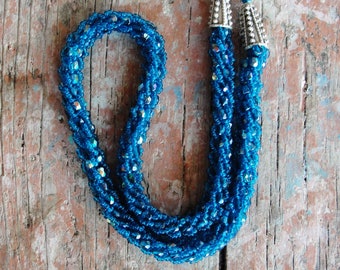 Cobalt Blue Necklace, Woven Beads Necklace Crystal Necklace  Spiral Woven Crocheted Glass Necklace