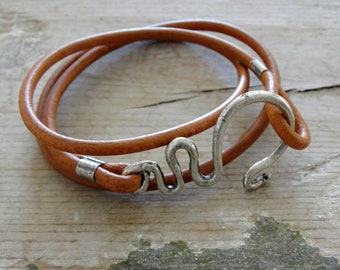 Leather Swirl Hook Bracelet, Wrap Bracelet, Leather and Metal